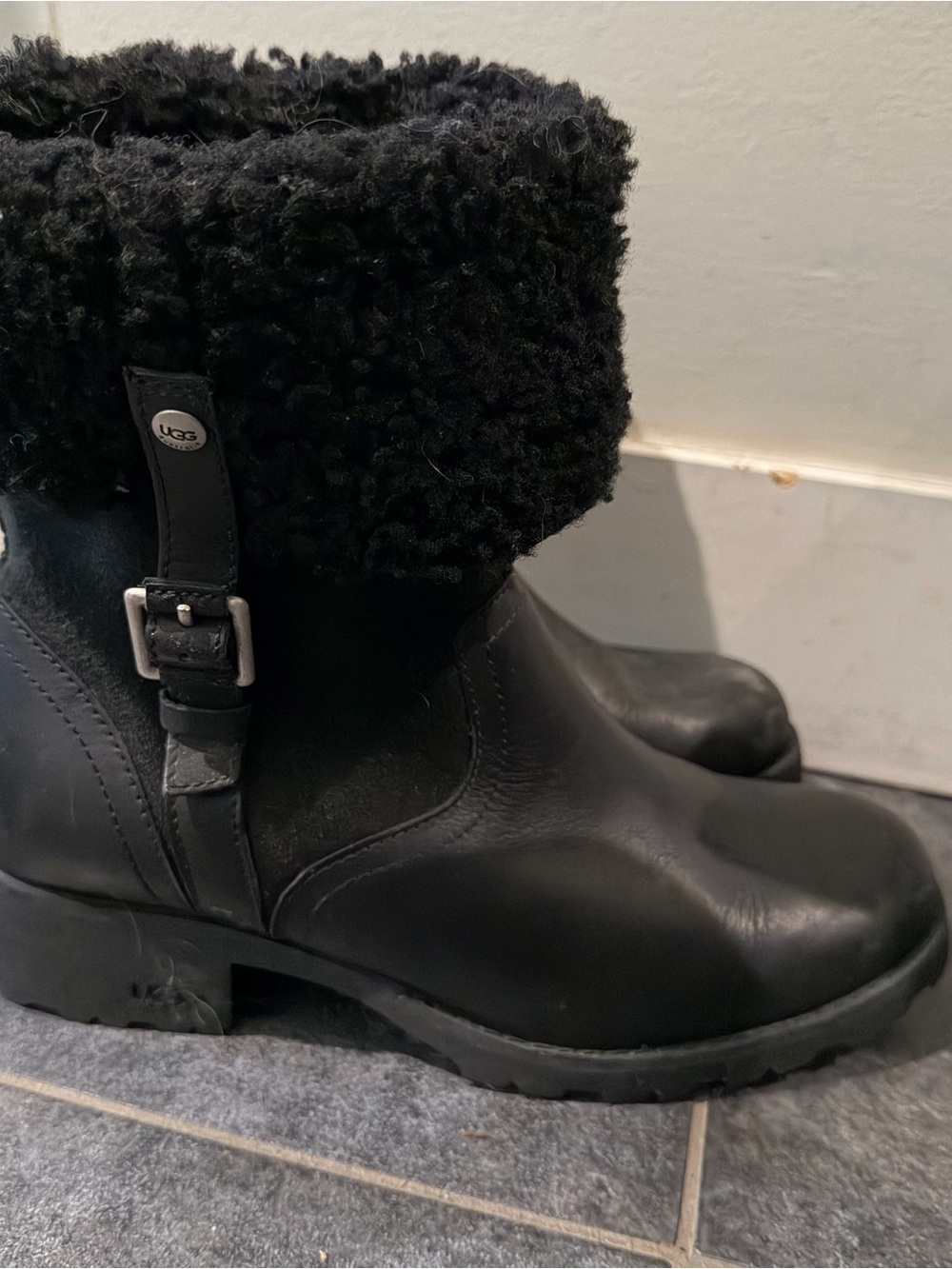 UGG Black Leather Shearling Cuff Buckle Boot - Picture 8 of 10